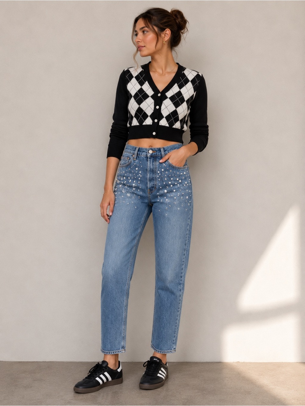 Veronica Beard Daniela Straight Leg Ankle Jeans Pearl Studded High Rise Size 30